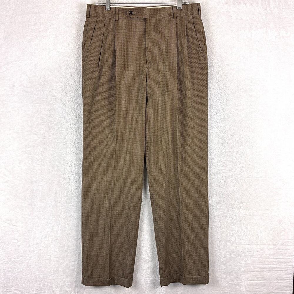 Vintage Nautica Pants Mens 34x32 Brown Wool Double Pleated Cuffed Trousers 90s